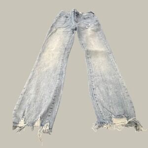 Risen Jeans High Rise Straight Leg Women 0/24 Light Wash Distressed Frayed Hem